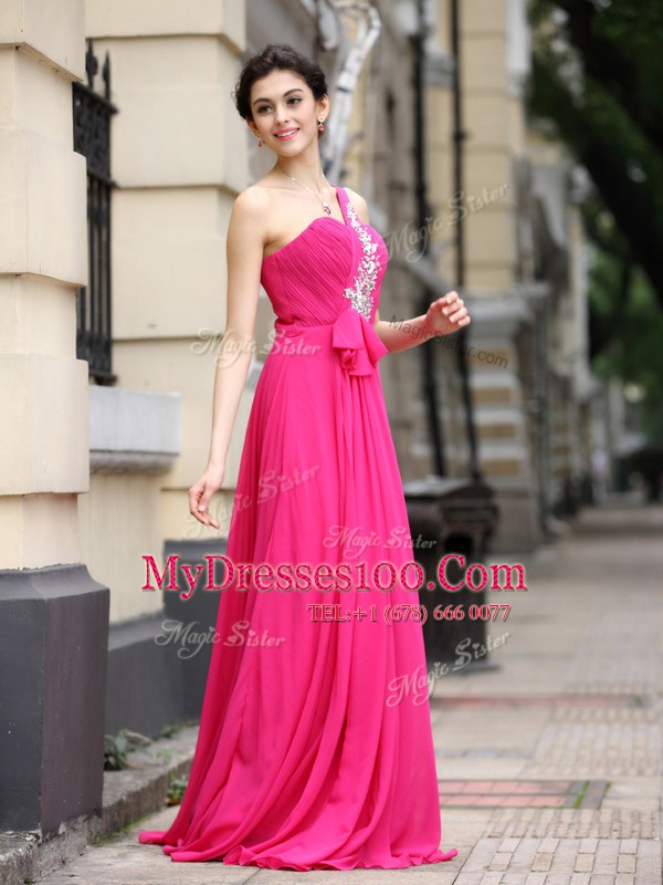 Clearance One Shoulder Sleeveless Brush Train Zipper Dress for Prom Hot Pink Chiffon