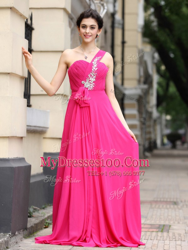 Clearance One Shoulder Sleeveless Brush Train Zipper Dress for Prom Hot Pink Chiffon