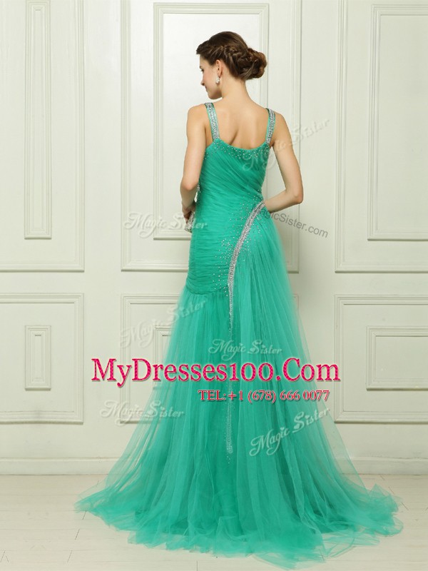 Organza Straps Sleeveless Brush Train Side Zipper Beading and Ruching Homecoming Dress in Turquoise
