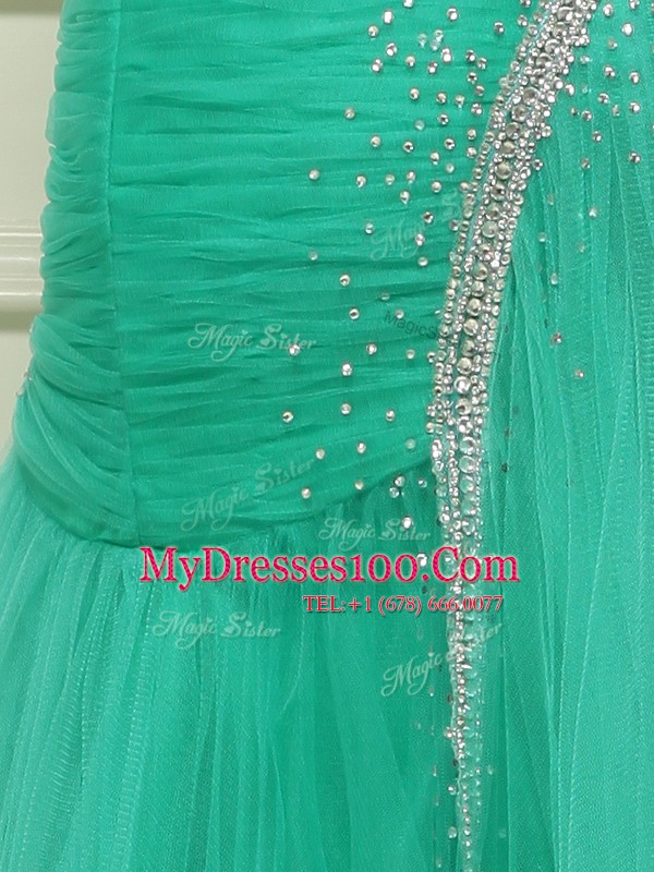 Organza Straps Sleeveless Brush Train Side Zipper Beading and Ruching Homecoming Dress in Turquoise