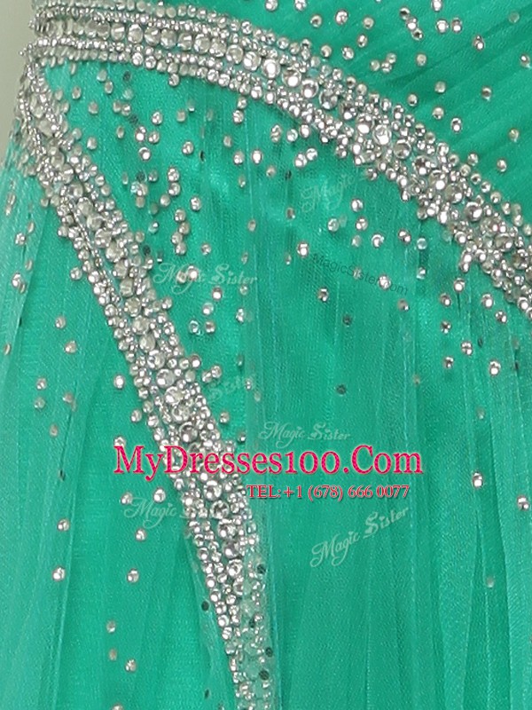 Organza Straps Sleeveless Brush Train Side Zipper Beading and Ruching Homecoming Dress in Turquoise
