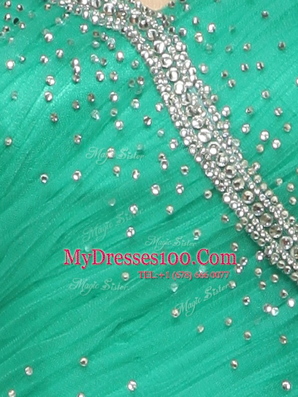 Organza Straps Sleeveless Brush Train Side Zipper Beading and Ruching Homecoming Dress in Turquoise