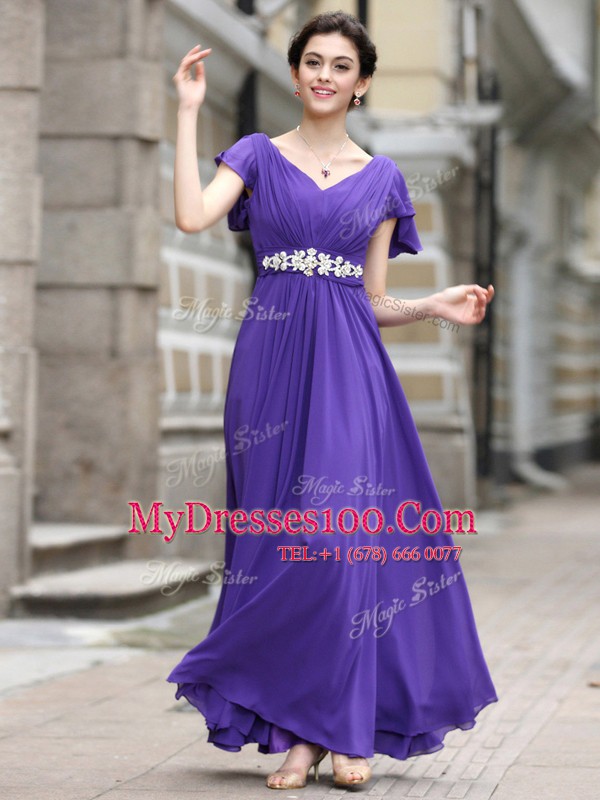 Most Popular Purple Cap Sleeves Ankle Length Beading and Appliques and Ruching Zipper Mother Of The Bride Dress