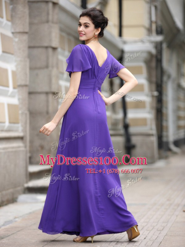 Most Popular Purple Cap Sleeves Ankle Length Beading and Appliques and Ruching Zipper Mother Of The Bride Dress