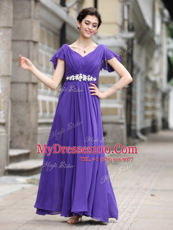 Most Popular Purple Cap Sleeves Ankle Length Beading and Appliques and Ruching Zipper Mother Of The Bride Dress