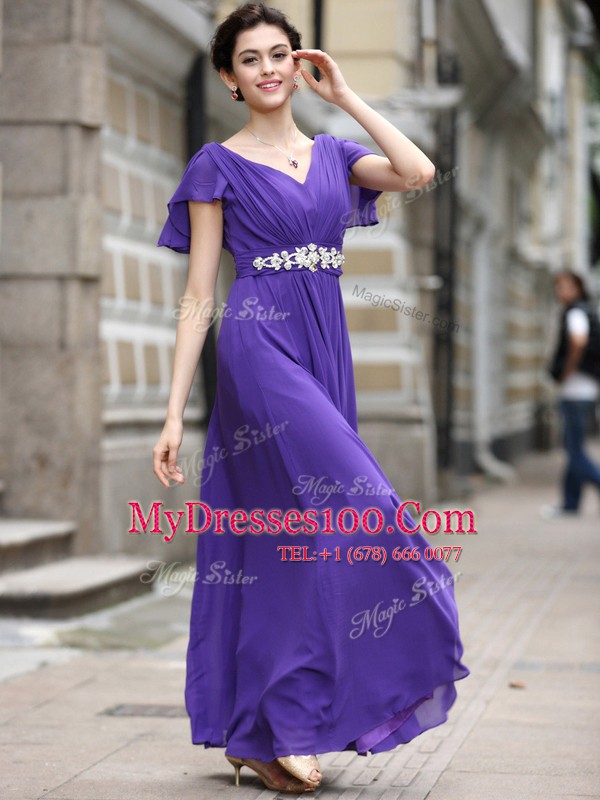 Most Popular Purple Cap Sleeves Ankle Length Beading and Appliques and Ruching Zipper Mother Of The Bride Dress