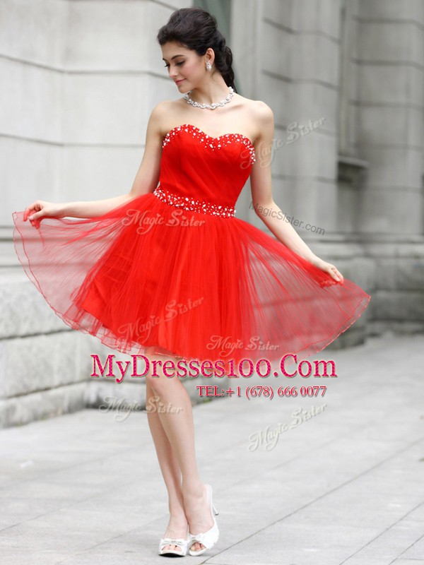 Coral Red Sweetheart Neckline Beading Party Dress Wholesale Sleeveless Zipper