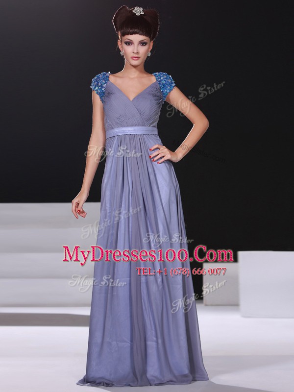 Top Selling Lavender Zipper V-neck Beading and Ruching Mother Of The Bride Dress Chiffon Short Sleeves