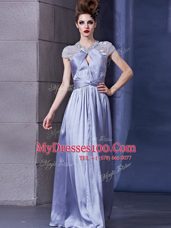 Adorable Lavender Column/Sheath Chiffon Halter Top Sleeveless Beading and Ruching Floor Length Zipper Mother Of The Bride Dress