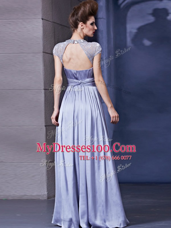 Adorable Lavender Column/Sheath Chiffon Halter Top Sleeveless Beading and Ruching Floor Length Zipper Mother Of The Bride Dress