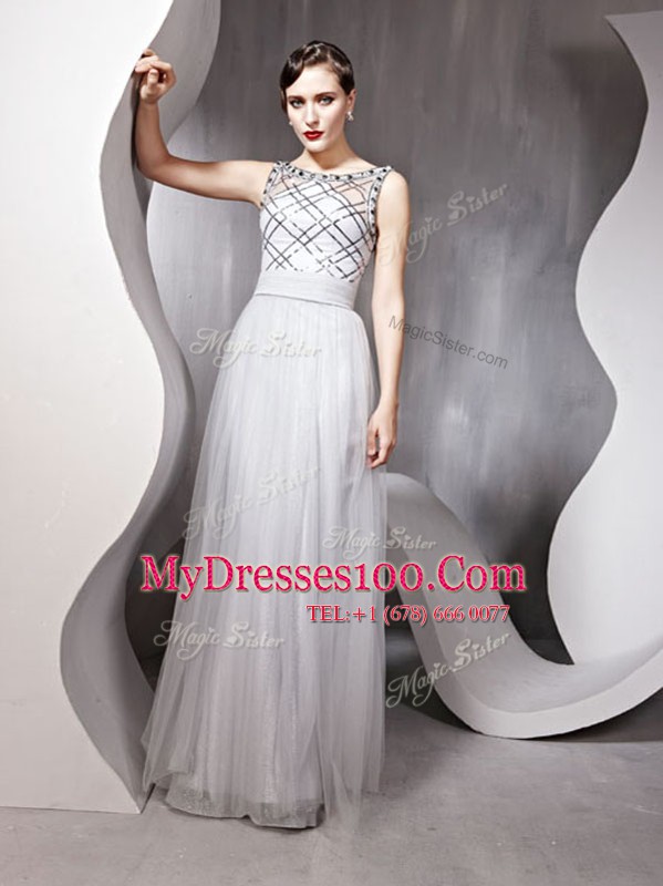 Fantastic Scoop Sleeveless Chiffon Floor Length Zipper in Silver with Beading