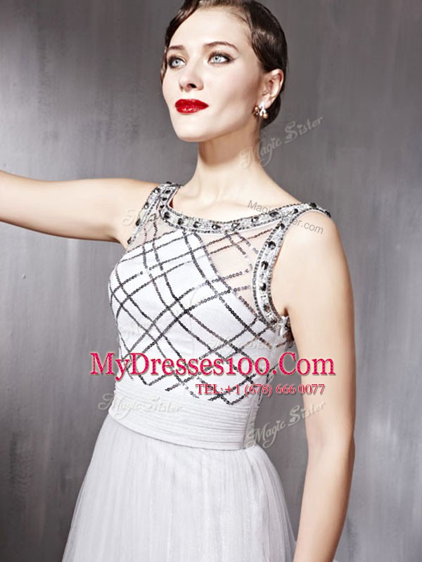 Fantastic Scoop Sleeveless Chiffon Floor Length Zipper in Silver with Beading