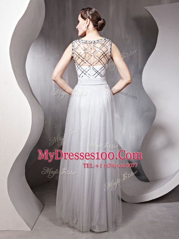 Fantastic Scoop Sleeveless Chiffon Floor Length Zipper in Silver with Beading