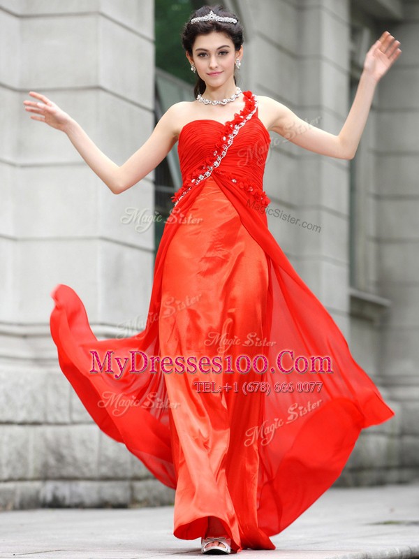 Glamorous One Shoulder Sleeveless Evening Dress Floor Length Beading and Hand Made Flower Coral Red Chiffon