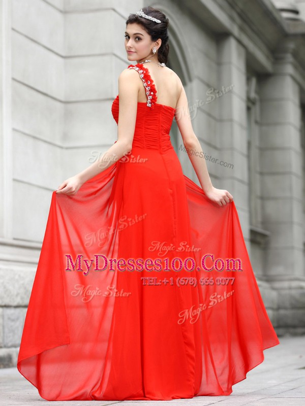 Glamorous One Shoulder Sleeveless Evening Dress Floor Length Beading and Hand Made Flower Coral Red Chiffon