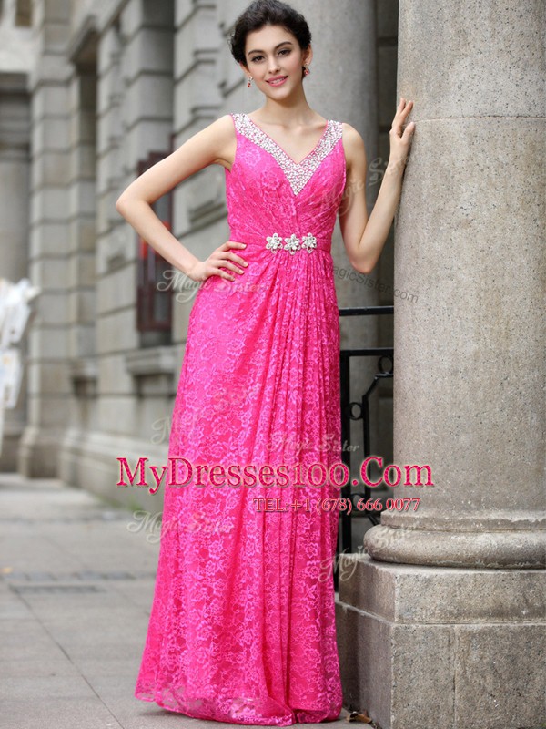 Hot Pink Sleeveless Floor Length Beading and Lace Zipper Evening Dress