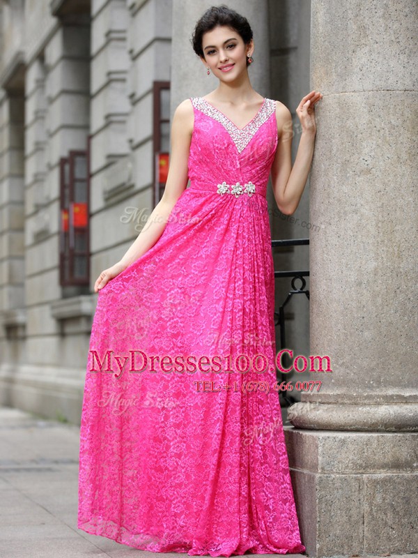 Hot Pink Sleeveless Floor Length Beading and Lace Zipper Evening Dress