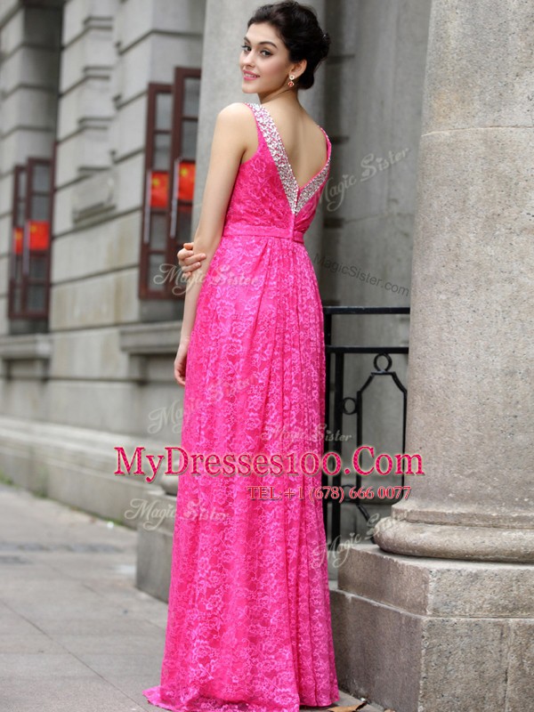 Hot Pink Sleeveless Floor Length Beading and Lace Zipper Evening Dress
