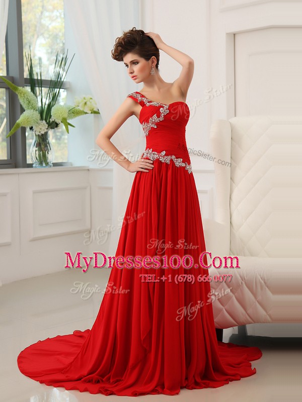 Exceptional Red Column/Sheath One Shoulder Sleeveless Chiffon With Train Sweep Train Zipper Beading and Ruching Homecoming Dress
