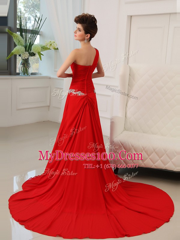 Exceptional Red Column/Sheath One Shoulder Sleeveless Chiffon With Train Sweep Train Zipper Beading and Ruching Homecoming Dress