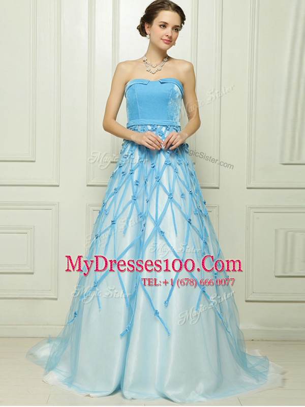 Custom Designed Floor Length Baby Blue Prom Party Dress Strapless Sleeveless Zipper