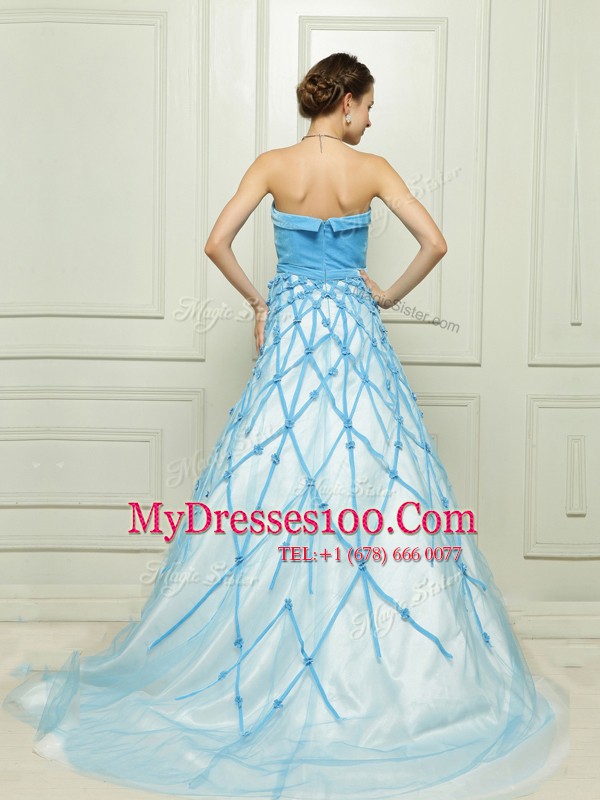 Custom Designed Floor Length Baby Blue Prom Party Dress Strapless Sleeveless Zipper