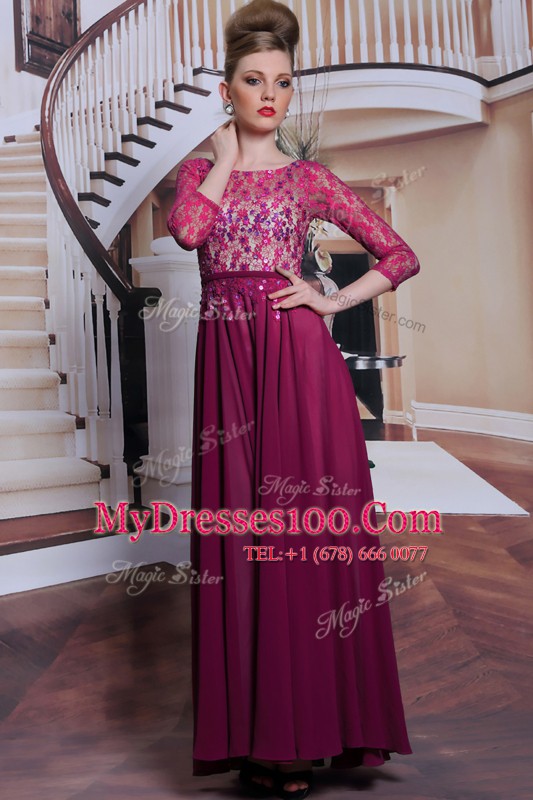 Fashion Fuchsia Bateau Neckline Lace and Sequins Evening Dress 3 4 Length Sleeve Zipper