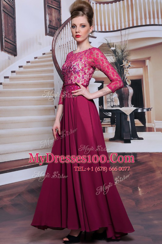 Fashion Fuchsia Bateau Neckline Lace and Sequins Evening Dress 3 4 Length Sleeve Zipper