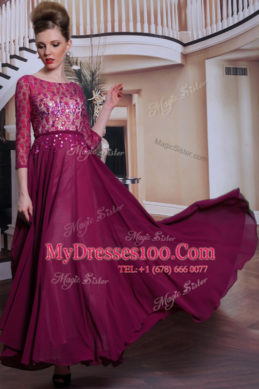 Fashion Fuchsia Bateau Neckline Lace and Sequins Evening Dress 3 4 Length Sleeve Zipper