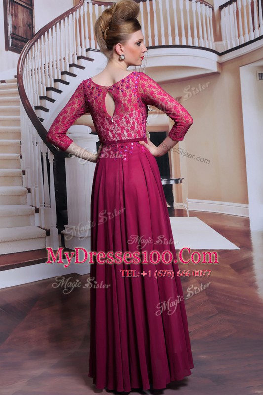 Fashion Fuchsia Bateau Neckline Lace and Sequins Evening Dress 3 4 Length Sleeve Zipper
