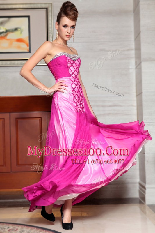 Fuchsia Side Zipper Sweetheart Beading and Ruching Prom Dress Chiffon Sleeveless
