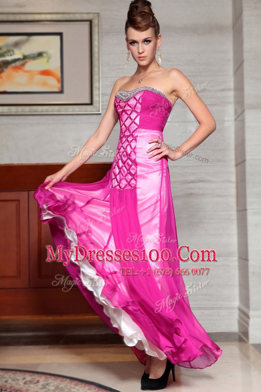 Fuchsia Side Zipper Sweetheart Beading and Ruching Prom Dress Chiffon Sleeveless