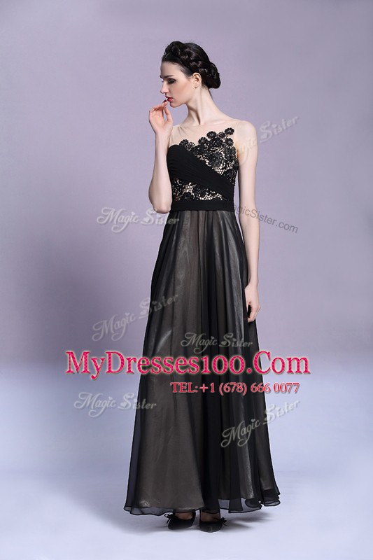 Scoop Sleeveless Chiffon Ankle Length Side Zipper Prom Dresses in Black with Appliques
