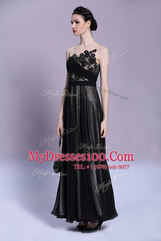 Scoop Sleeveless Chiffon Ankle Length Side Zipper Prom Dresses in Black with Appliques