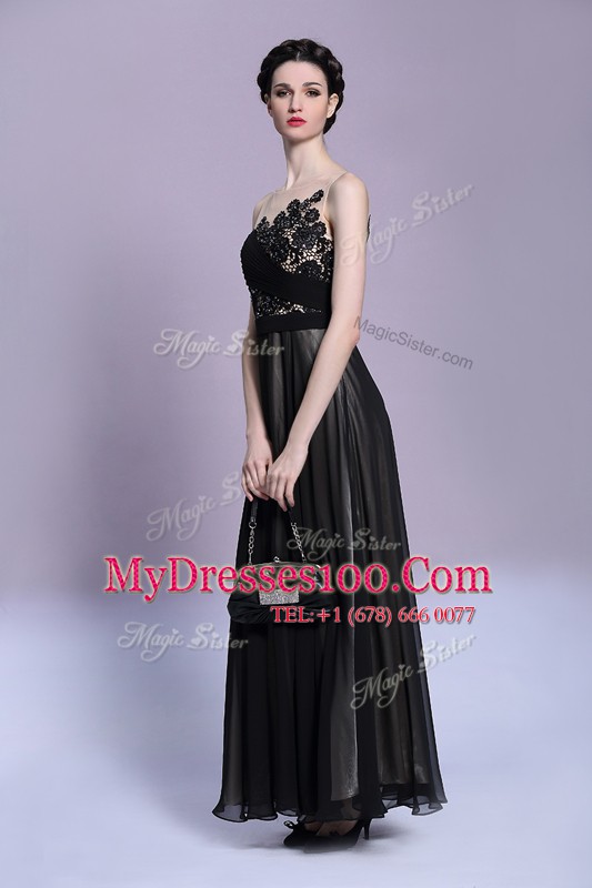 Scoop Sleeveless Chiffon Ankle Length Side Zipper Prom Dresses in Black with Appliques