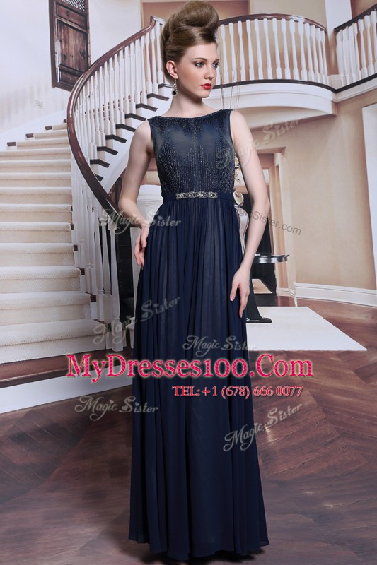 Classical Floor Length Navy Blue Prom Dresses Bateau Sleeveless Zipper