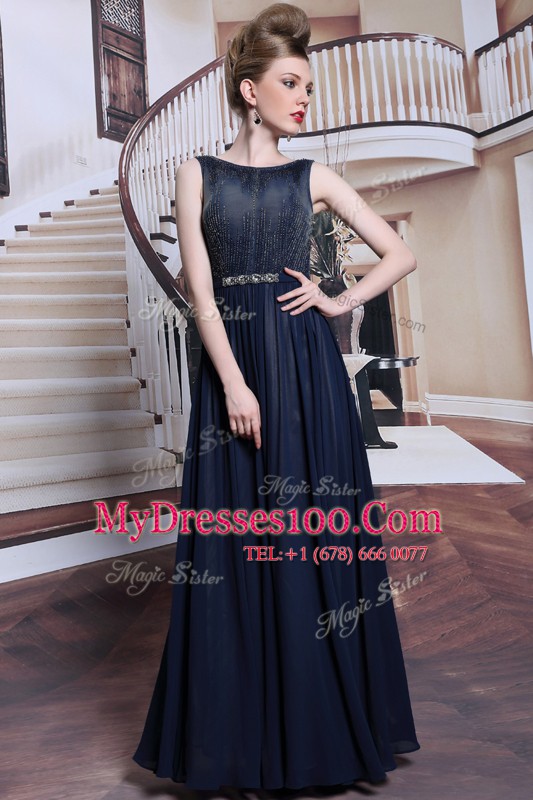 Classical Floor Length Navy Blue Prom Dresses Bateau Sleeveless Zipper