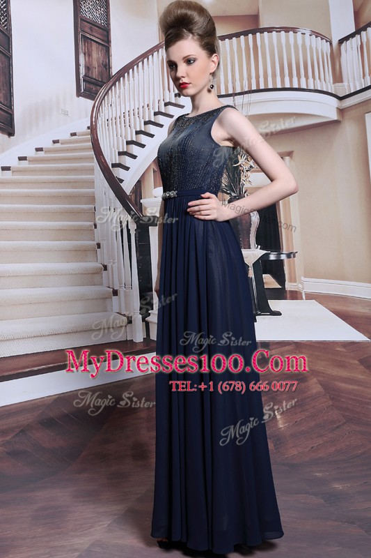 Classical Floor Length Navy Blue Prom Dresses Bateau Sleeveless Zipper