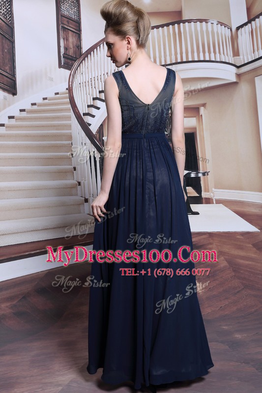 Classical Floor Length Navy Blue Prom Dresses Bateau Sleeveless Zipper