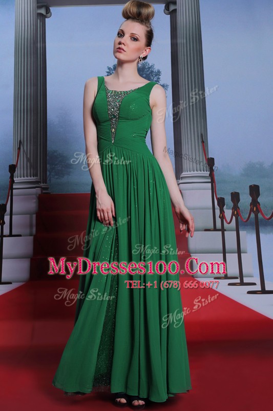 Empire Prom Gown Dark Green Scoop Chiffon and Sequined Sleeveless Floor Length Side Zipper