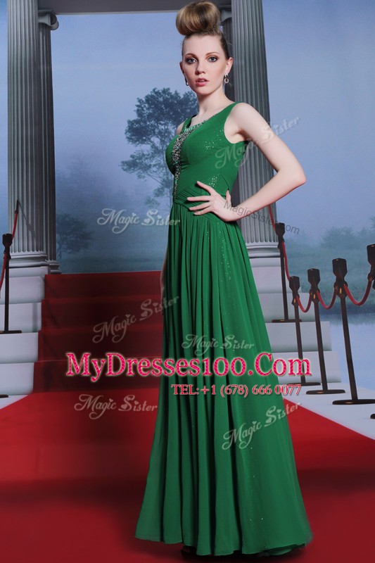 Empire Prom Gown Dark Green Scoop Chiffon and Sequined Sleeveless Floor Length Side Zipper