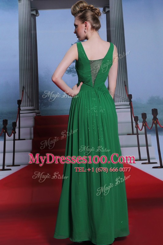 Empire Prom Gown Dark Green Scoop Chiffon and Sequined Sleeveless Floor Length Side Zipper