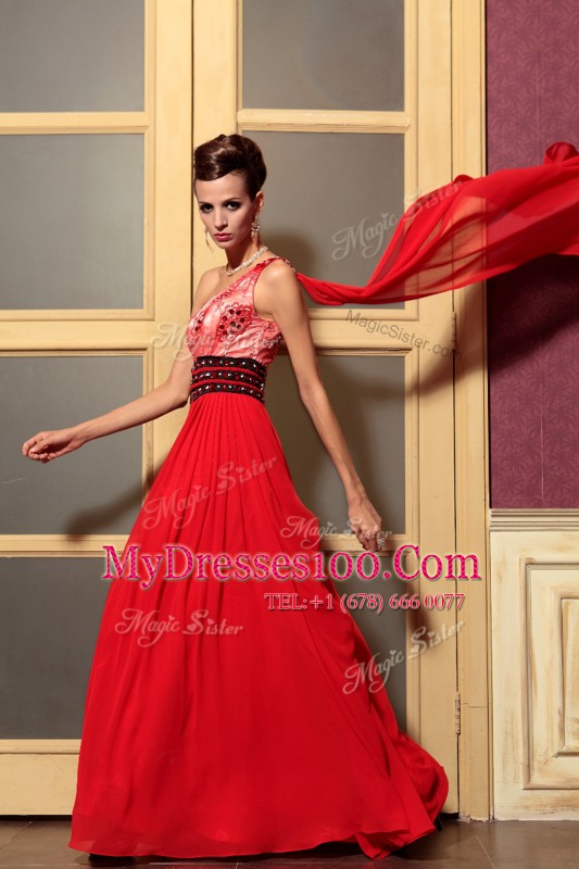 One Shoulder Sleeveless Mother Of The Bride Dress Floor Length Beading Red Chiffon
