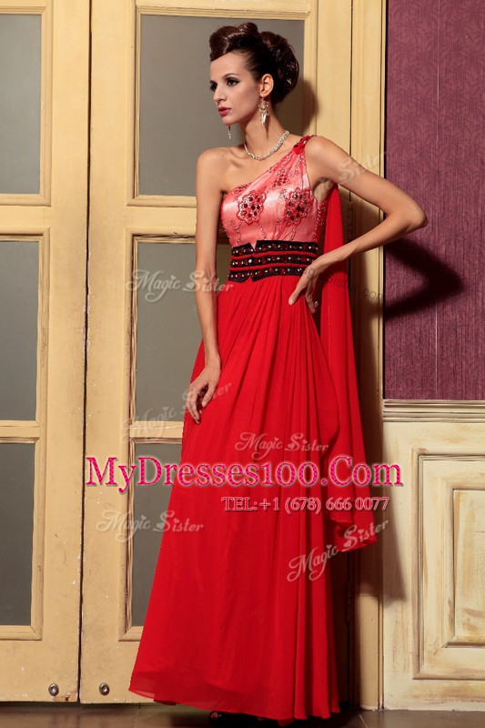 One Shoulder Sleeveless Mother Of The Bride Dress Floor Length Beading Red Chiffon
