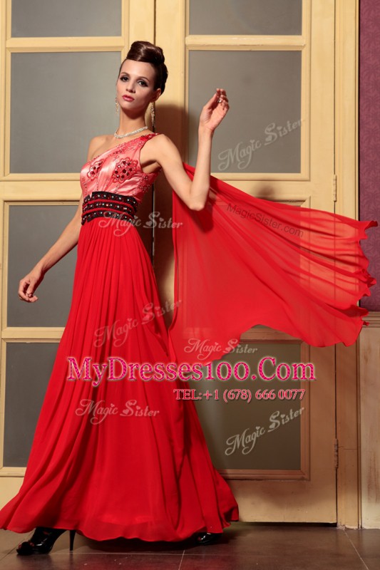 One Shoulder Sleeveless Mother Of The Bride Dress Floor Length Beading Red Chiffon