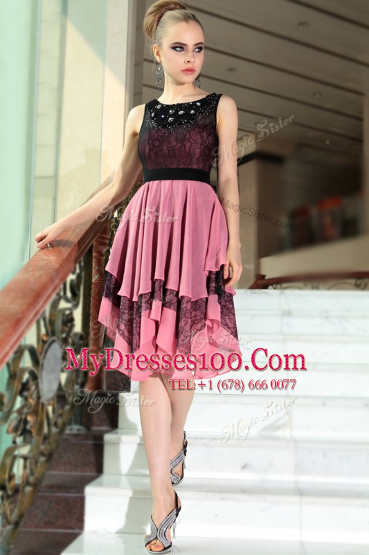 Pink And Black Empire Chiffon Scoop Sleeveless Beading and Lace Asymmetrical Side Zipper Cocktail Dresses