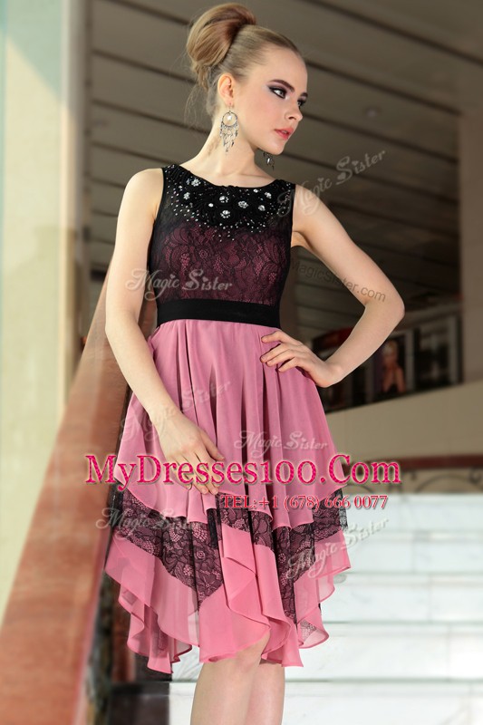 Pink And Black Empire Chiffon Scoop Sleeveless Beading and Lace Asymmetrical Side Zipper Cocktail Dresses
