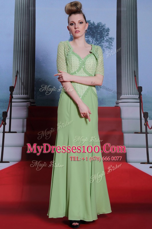 Comfortable Ankle Length Column/Sheath Cap Sleeves Olive Green Prom Gown Side Zipper