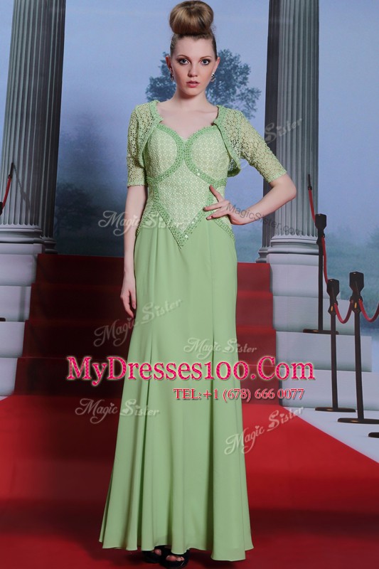 Comfortable Ankle Length Column/Sheath Cap Sleeves Olive Green Prom Gown Side Zipper