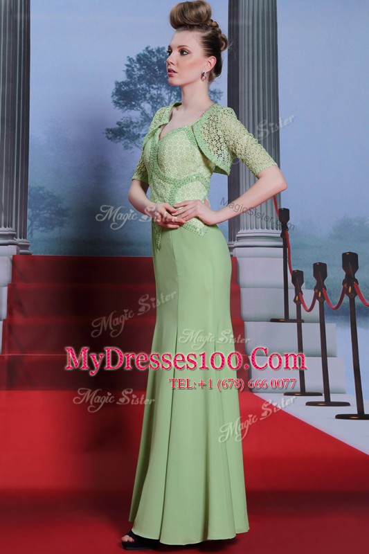 Comfortable Ankle Length Column/Sheath Cap Sleeves Olive Green Prom Gown Side Zipper